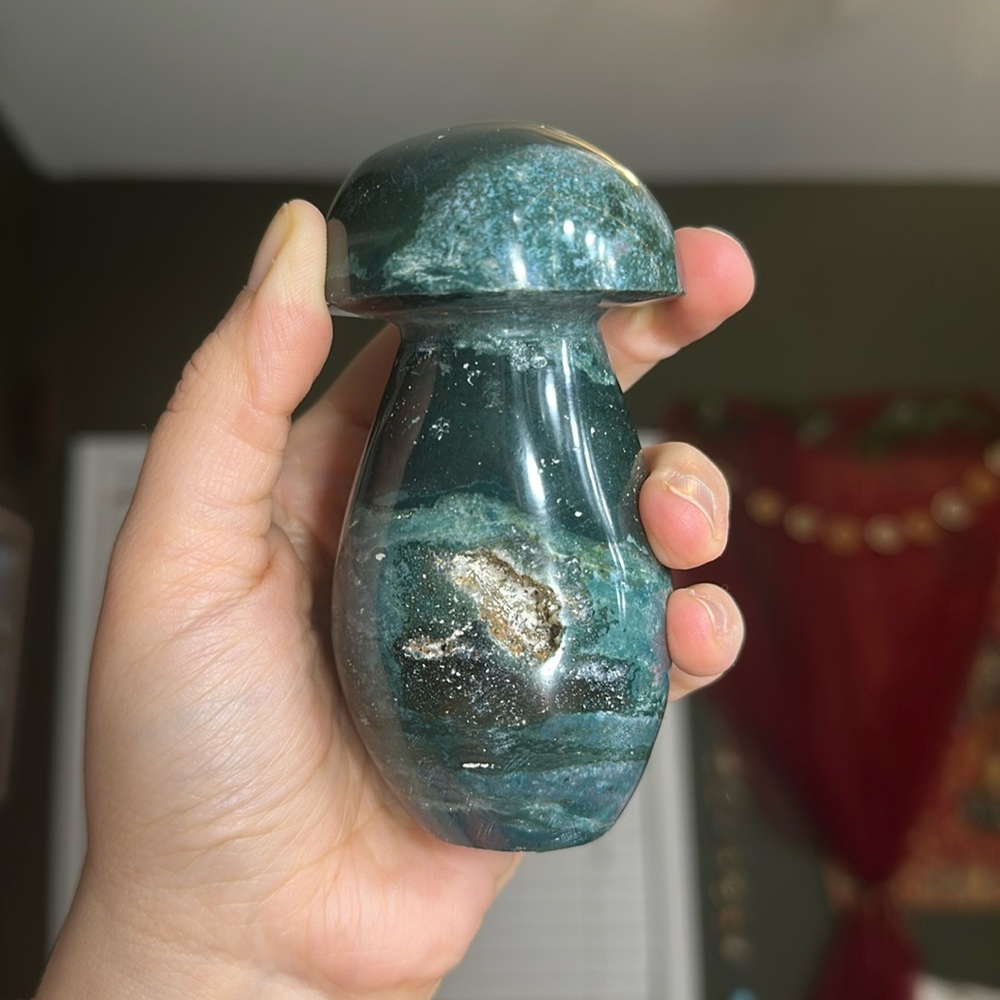 Green Stone Mushroom Decor/ Beautiful Large Ocean Jasper mushroom